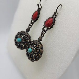Turquoise/Red Rhinestone Brass Tone Dangle w/Hook E_OT0051